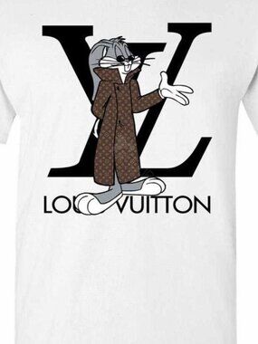 White Cotton T-shirt - Cartoon Rabbit in Patterned Coat Graphic